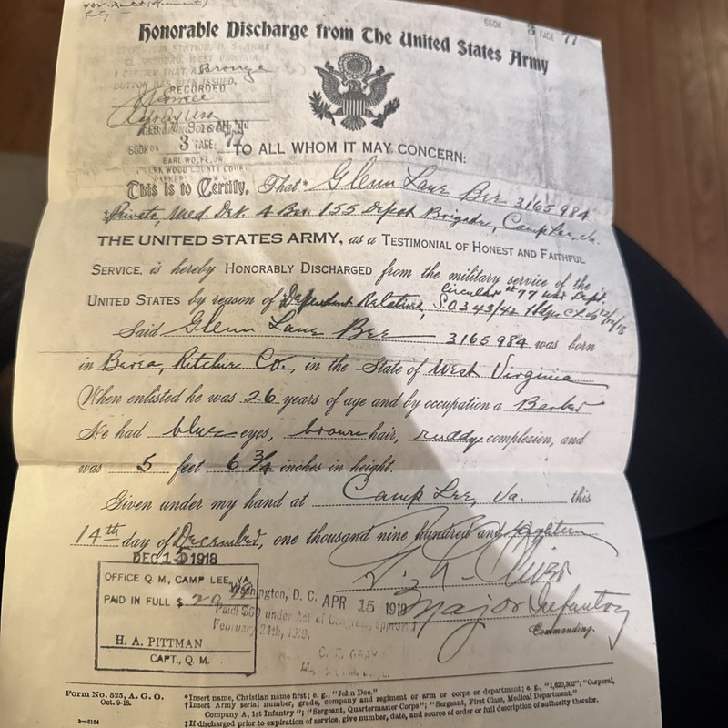 Honorable Discharge Document For World War I ;permanent Good Conduct Pass;