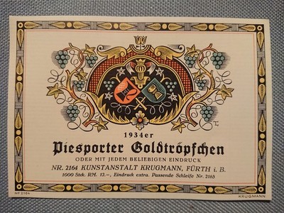 Vintage Etiket Label Bottle Label Wine Label 1934 Piesporter Goldtröpfchen