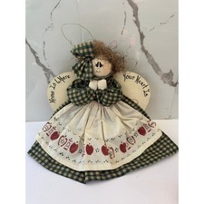 Diana Luper Signed 1997 Primitive Folk Art Angel Home Heart Wall Hanging 15in