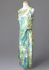 Vintage 90s Maxi Dress Green Palm Print Tie Wrap Skirt Shift Tropical Sheer Boho