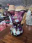 Fenton Apples On Aubergine Purple Plum Amethyst Ruffled Vase Hand Painted 9 in