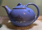 Vintage Hall China 6 Cup Teapot 0749 Cadet Blue w Gold Floral Trim Hook Lid
