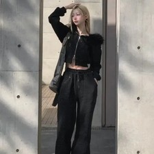 KSG Seoul Black Cropped Faux Fur Hoodie Training Pants Set