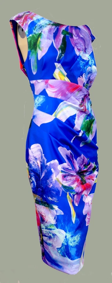 Vestido eléctrico azul tropical acanalado cuello barco Joseph Ribkoff talla 12 Foto 3 de 4