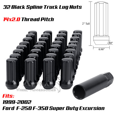 32 Black Spline Lug Nuts 14x2.0 Fits 1999-2002 Ford F-250 F-350 Excursion + Key