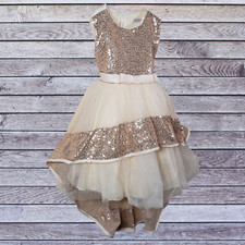 Sara Girl's Formal Dress Wedding Sz 3 High-Low Train Cream Sequin Bow Easter