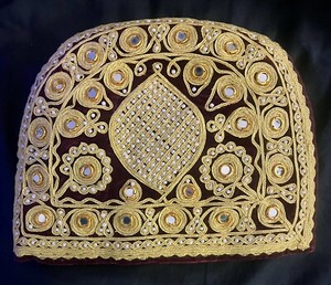 Vintage Dark Red/Maroon Velvet Tea Cozy Mirrored With Pearl Beads Gold Trim