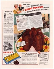 Print Ad Bakers Chocolate 1941 Holiday Chocolate Fruit Pudding Cake 13.5"x10.5"
