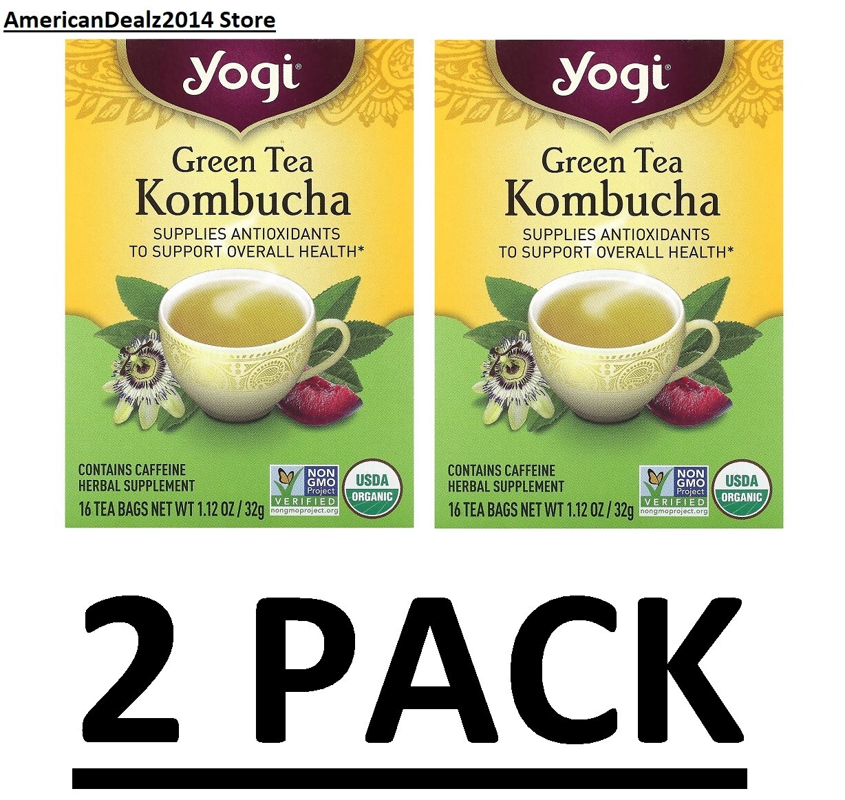 2 PACK YOGI TEA GREEN TEA KOMBUCHA 100 NATURAL HERBAL 16 TEA BAGS