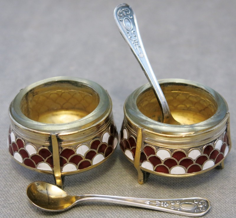 Pair of Soviet Union Enameled Salt Dips - Russian