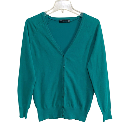 Zara Knit Button Front Cardigan Sweater Womens Size XL V-Neck Green Long Sleeve