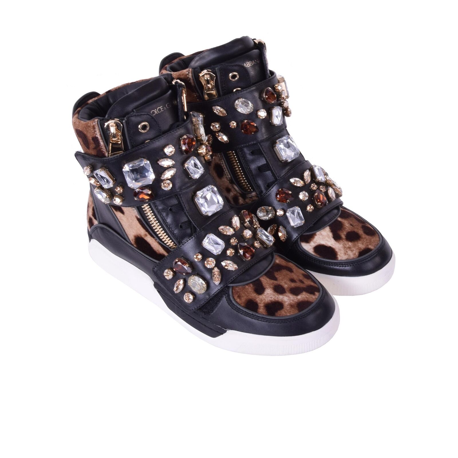 DOLCE & GABBANA Crystals Leopard High-Top Zip Sneakers Shoes Black 