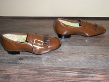 Girl's VTG 1970s Brown Patent Flat Slip On Shoes Buckle Fringe Sz 10 NOS