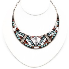 Zuni Signed Alex & Marlita Boone Sterling Onyx Turquoise Inlay Necklace #S5441-3