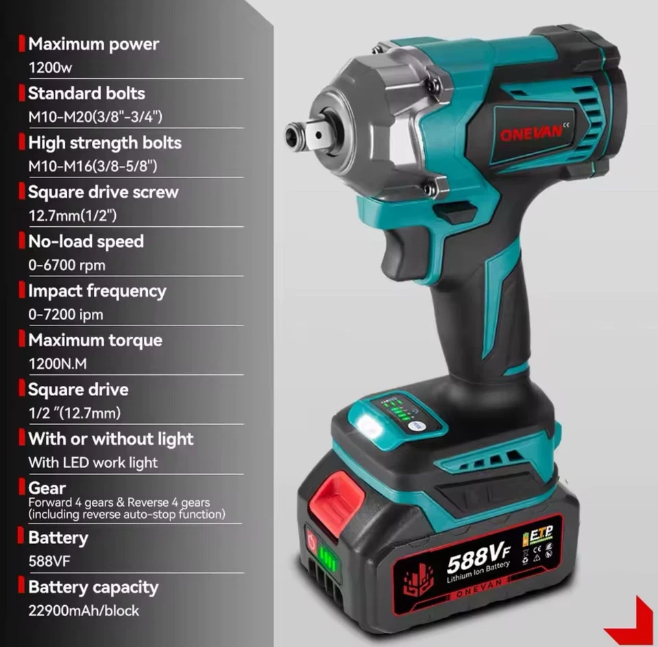 1200N.M, 1200W Cordless Electric Shock Wrench - Image 2 of 3
