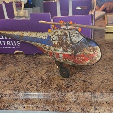 Vintage Tin Litho Military Helicopter Toy w/ Rotor Wheels Blue Red