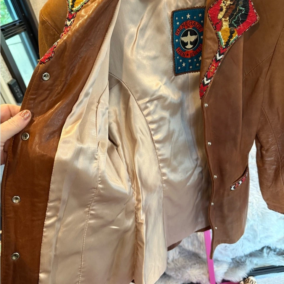 Renegade by REN & ELLIS Brown Leather Jacket with Embroidered Collar size small - Image 3 of 4
