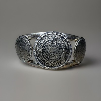 Vintage Patina Large Solid Sterling Silver Maya Aztec Calendar Cuff Bracelet 925