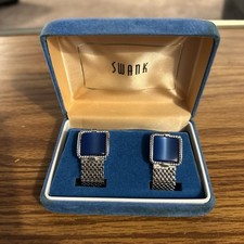 Vintage Swank Silver Tone Mesh Wrap Cufflinks - Blue Cabochon