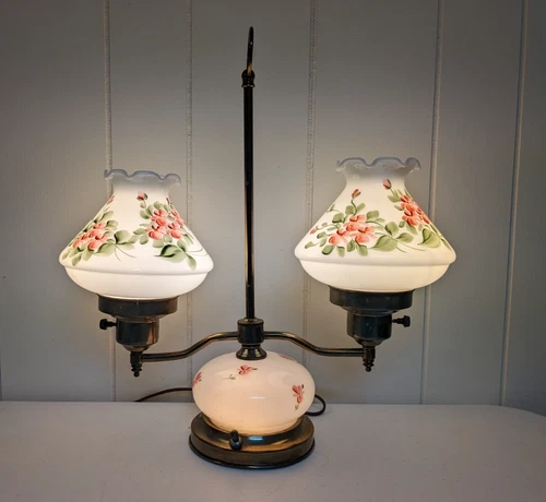 Antique Brass Double Arm Table Lamp Hand Painted Milk Glass Globe 3-Way Light