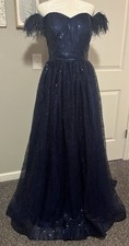 SALE—-Women’s Size 8 Ball Gown Prom Dress Formal Navy Blue Sequins Feathers NWOT
