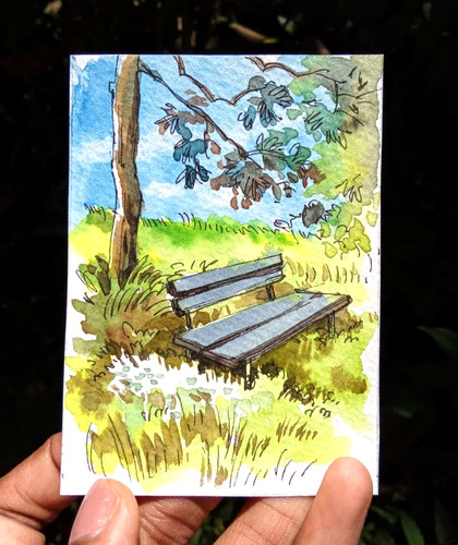 ACEO Original Watercolor Painting Serene Park Bench Tree Nature Miniature OOAK