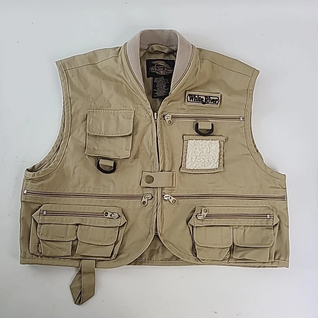 White River Fly Shop Youth Large 14-16 Fishing Vest Khaki Tan Pockets Zip
