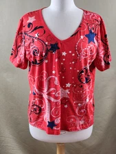 Collections ETC Women's Top XL Short Sleeve Multi-Color Patriotic 