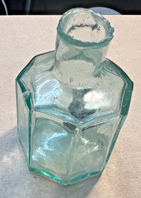 Antique Aqua Crude Neck 8 Sided Ink Bottle with Original Cork