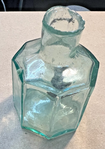 Antique Aqua Crude Neck 8 Sided Ink Bottle with Original Cork