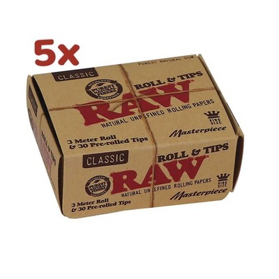 RAW Classic Masterpiece King Size Rolls, 5x 5m + 30 Prerolled Tips