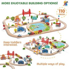 110 PCS Wooden Train Set Kids 3-7 Toy Tracks Compatible Brands Magnetic Play