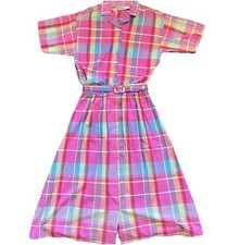 Vintage Rainbow Plaid 100 Cotton Midi Skirt Set Belted Cottagecore Preppy 3 Pc