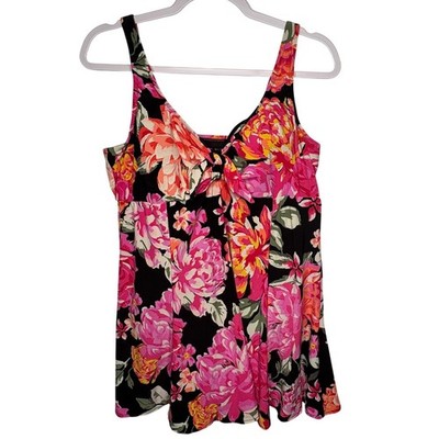 Bal Harbour Floral Swimdress One Piece Swimsuit Tummy Control Pink Black 18