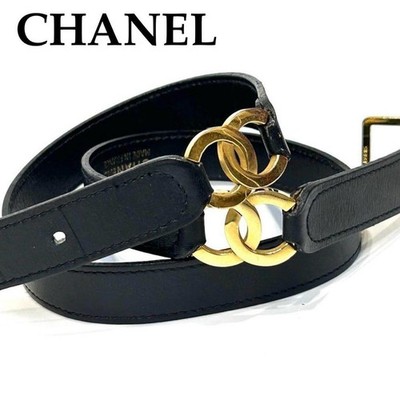 CHANEL Coco Mark Leather Belt Black Gold Hardware Auth