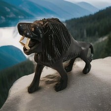 MIDCENTURY CARVED WOOD LION Black With White ...