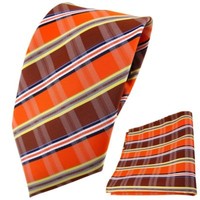 Tigertie Designer Krawatte + Einstecktuch Orange Braun Gelb Grau Weiß Gestreift