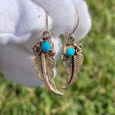 Sterling Silver 925 Turquoise BJ Bobby Johnson Navajo Feather Earrings 