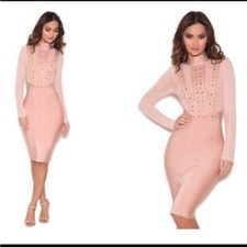 NEW House Of CB Lenova Grommet Studded Blush Mesh Midi Dress Long Sleeves M