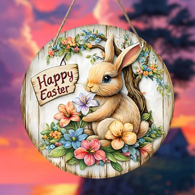 Easter Wooden Hanging Sign Bunny Rabbit Welcome Door Sign Farmhouse Rustic Front