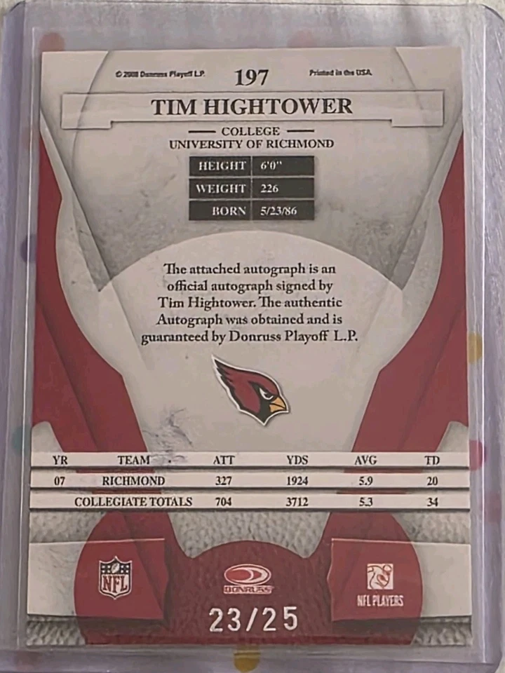 2008 LEAF CERTIFIED TIM HIGHTOWER ROOKIE AUTO /25 - Image 2 of 2