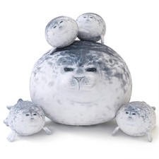 Chubby Seal Pillow Plush with 4 Baby Seal Plushies, Stuffed Animal Toy for Kids