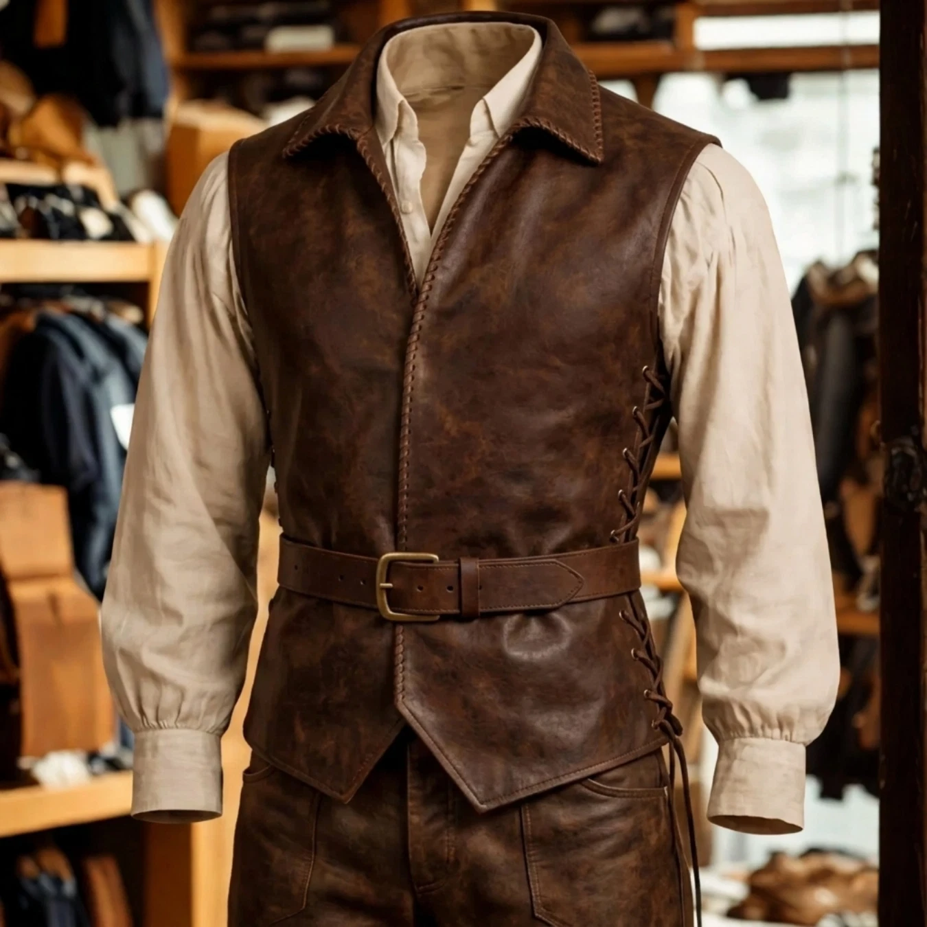 Mens Leather Medieval Vest Brown Pirate Renaissance Waistcoat Belted LARP ARMOR