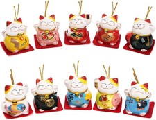 Set of 10 Mini Maneki Neko Lucky Cat, 2 Inch Ceramic Beckoning Cat Statue Japane