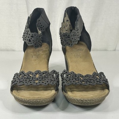 Rieker Women's Gray Laser Cut Embellished Ankle Strap Block Heel Sandals EU 39