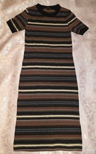 Zara Jacquard Sheath Midi Dress Small 30" Stretch Brown Black Stripe Bodycon