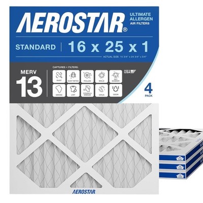 Aerostar 16x25x1 MERV 13 - 4 Count - Pleated HVAC, Furnace & 4 PACK, White 