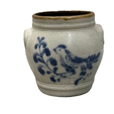 Prestige Place Art Pottery Salt Glaze Blue Stoneware Crock Folk Art Bird Design