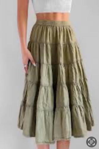 Free People In Full Swing Midi Skirt Tiered Elastic Waist Army WillowGreen S NWT