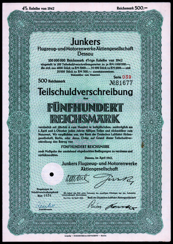 1942 JUNKERS RM500 Bond Luftwaffe Ju 87 Stuka, Ju 88 Bomber, Ju 52 Transport VF-